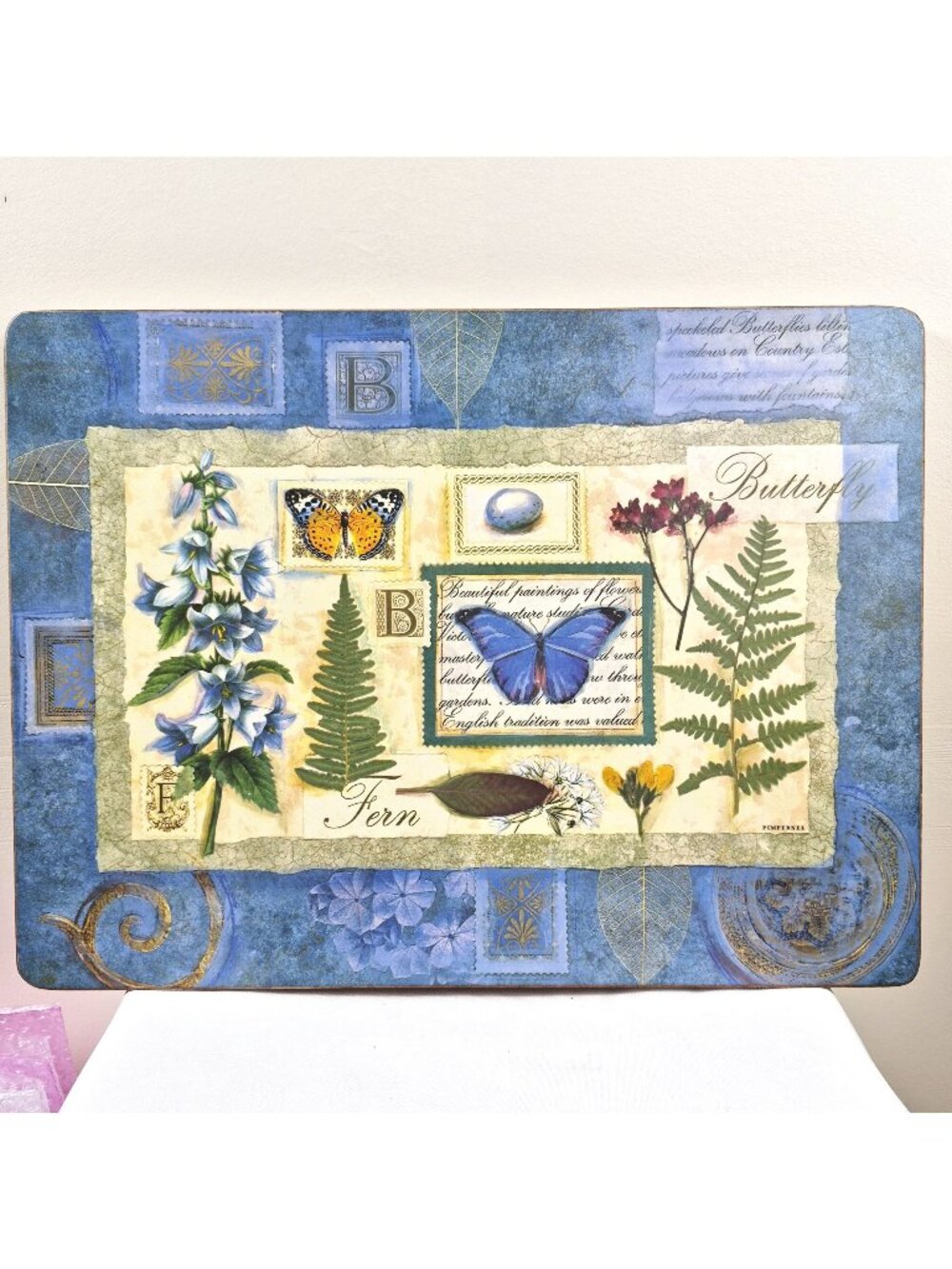 Pimpernell Set of 4 Placemats Cork Back Butterfly Fern Floral Blu EUC